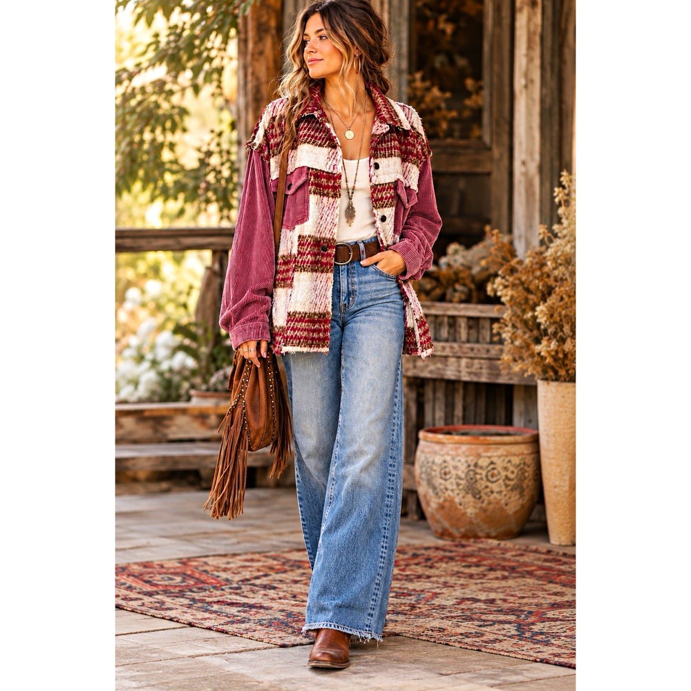 POL It's Going Down Shacket Plaid Cream Mauve Corduroy Elevated Boho Western M